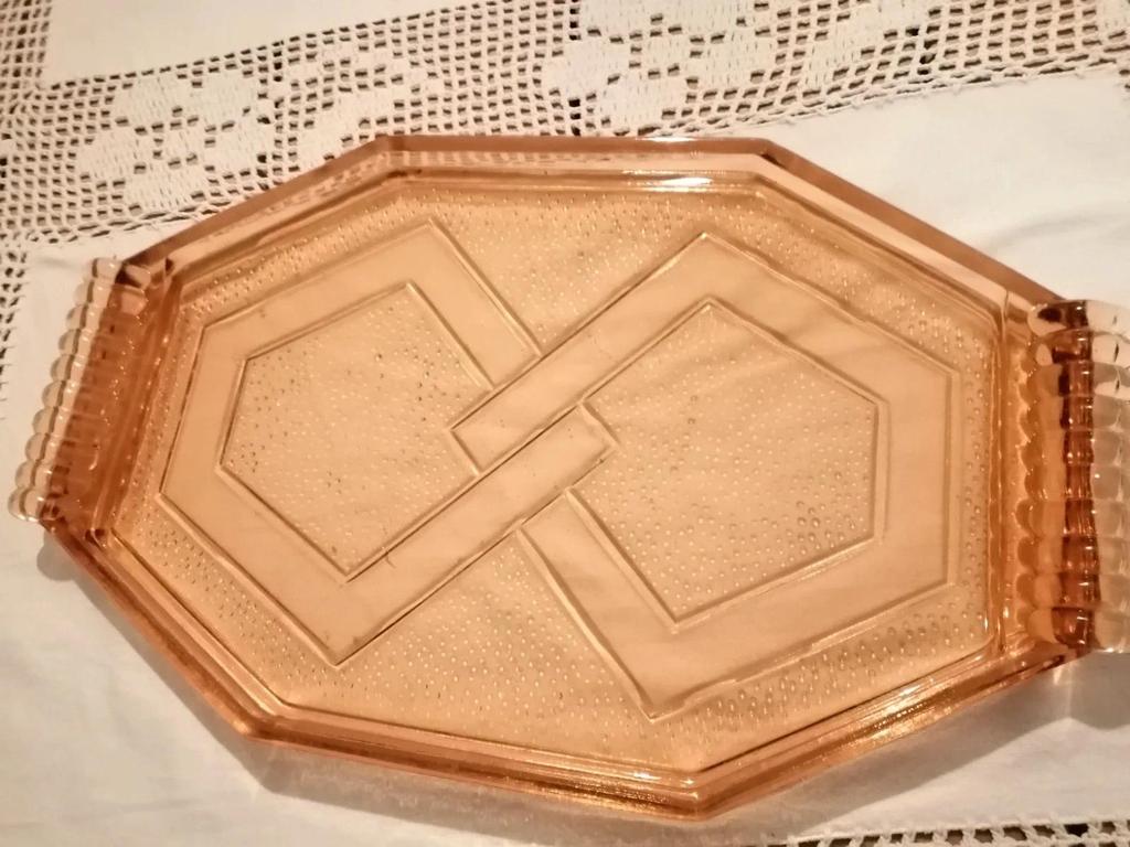 Ancien plateau en verre coloré rose style art déco